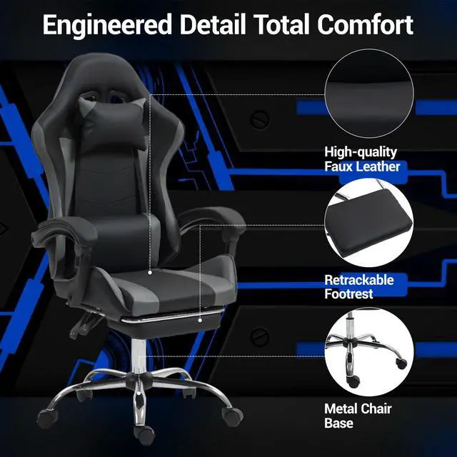 Alt view image 6 of 7 - Fantasylab Gaming Chair with Massage Lumbar Support Ergonomic Video Game Chair for Adults, Adjustable Headrest & Footrest, 90-135° Recline, 360° Swivel Grey