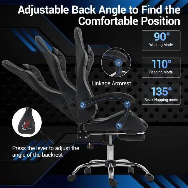 Alt view image 3 of 7 - Fantasylab Gaming Chair with Massage Lumbar Support Ergonomic Video Game Chair for Adults, Adjustable Headrest & Footrest, 90-135° Recline, 360° Swivel Grey