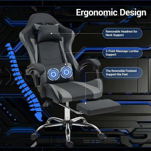 Alt view image 5 of 7 - Fantasylab Gaming Chair with Massage Lumbar Support Ergonomic Video Game Chair for Adults, Adjustable Headrest & Footrest, 90-135° Recline, 360° Swivel Grey