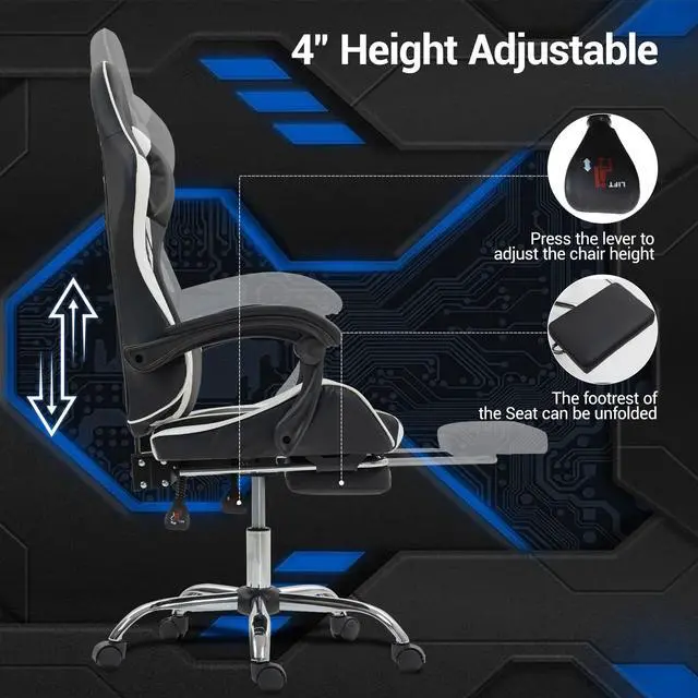 Alt view image 4 of 7 - Fantasylab Gaming Chair with Massage Lumbar Support Ergonomic Video Game Chair for Adults, Adjustable Headrest & Footrest, 90-135° Recline, 360° Swivel Grey