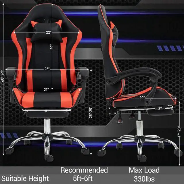 Alt view image 2 of 7 - Fantasylab Gaming Chair with Massage Lumbar Support Ergonomic Video Game Chair for Adults, Adjustable Headrest & Footrest, 90-135° Recline, 360° Swivel Red