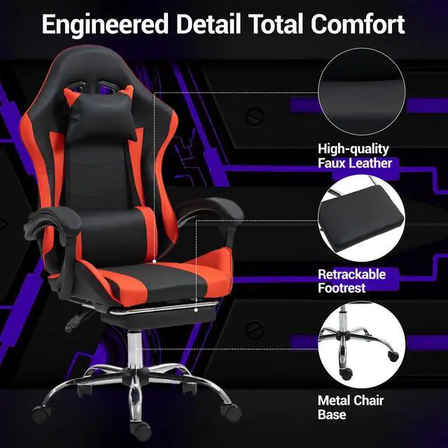 Alt view image 6 of 7 - Fantasylab Gaming Chair with Massage Lumbar Support Ergonomic Video Game Chair for Adults, Adjustable Headrest & Footrest, 90-135° Recline, 360° Swivel Red