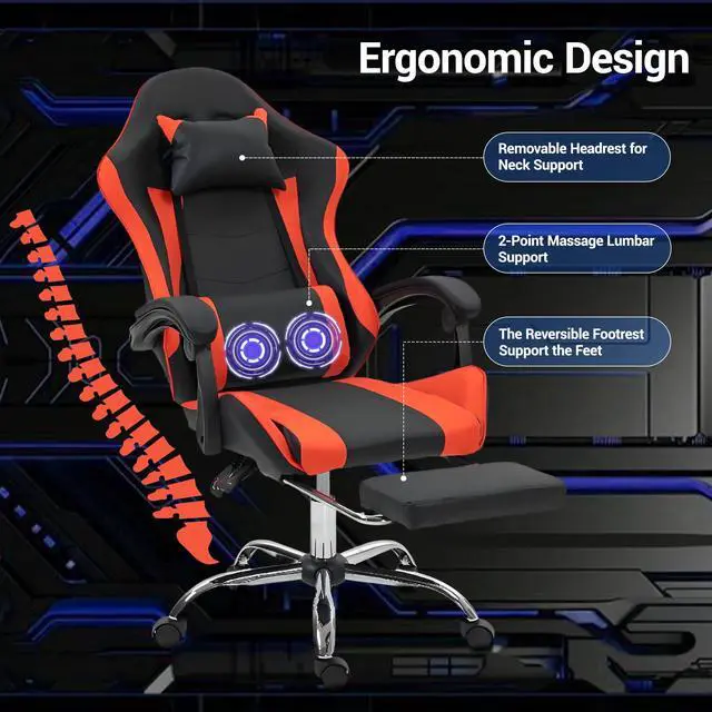 Alt view image 5 of 7 - Fantasylab Gaming Chair with Massage Lumbar Support Ergonomic Video Game Chair for Adults, Adjustable Headrest & Footrest, 90-135° Recline, 360° Swivel Red