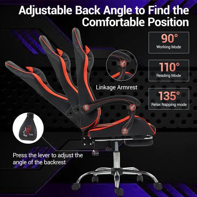 Alt view image 3 of 7 - Fantasylab Gaming Chair with Massage Lumbar Support Ergonomic Video Game Chair for Adults, Adjustable Headrest & Footrest, 90-135° Recline, 360° Swivel Red