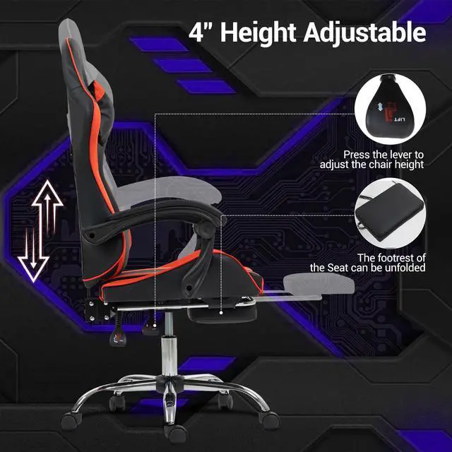 Alt view image 4 of 7 - Fantasylab Gaming Chair with Massage Lumbar Support Ergonomic Video Game Chair for Adults, Adjustable Headrest & Footrest, 90-135° Recline, 360° Swivel Red