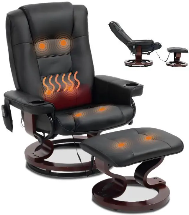 Main image of VANBOW Massage Recliner with Ottoman Swivel Wood Base, Adjustable Recline, Faux Leather Lounge Chair with Footrest for Living Room and Bedroom, Black