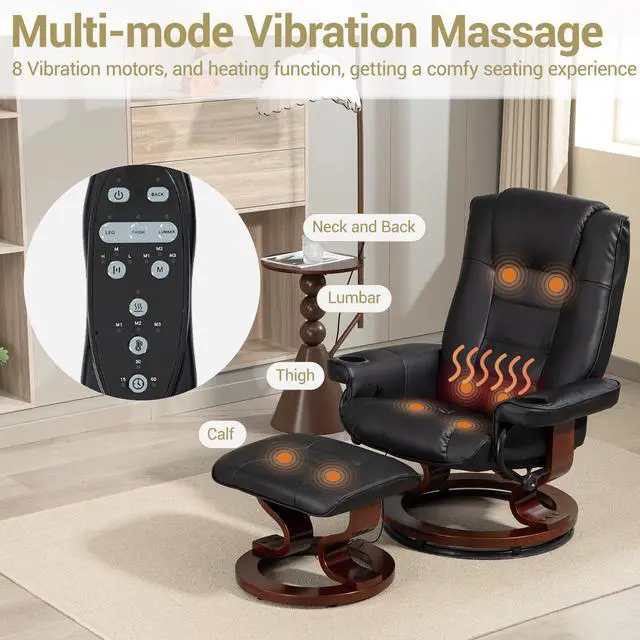 Alt view image 6 of 7 - VANBOW Massage Recliner with Ottoman Swivel Wood Base, Adjustable Recline, Faux Leather Lounge Chair with Footrest for Living Room and Bedroom, Black