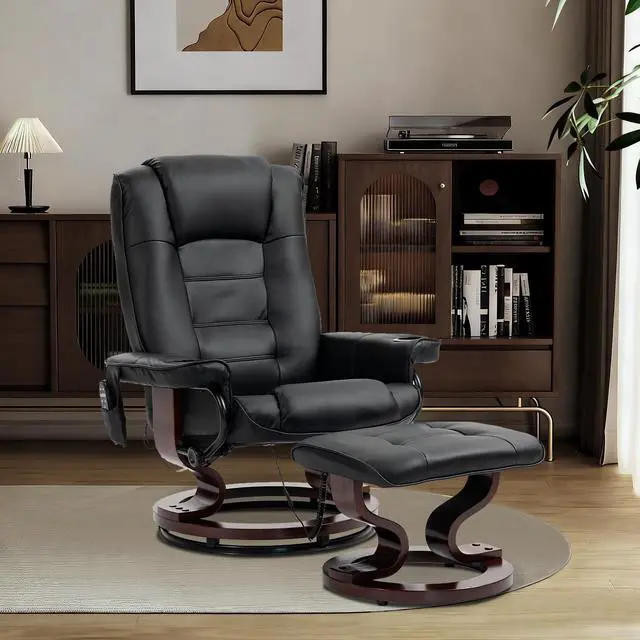 Alt view image 2 of 7 - VANBOW Massage Recliner with Ottoman Swivel Wood Base, Adjustable Recline, Faux Leather Lounge Chair with Footrest for Living Room and Bedroom, Black