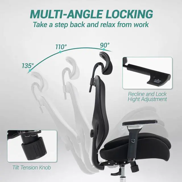 Alt view image 6 of 7 - FANTASYLAB Ergonomic Mesh Office Chair, Comfy Desk Chair, Big and Tall Executive Office Chair with 4D Arms, 2D Lumbar Support, Adjustable Headrest, Black