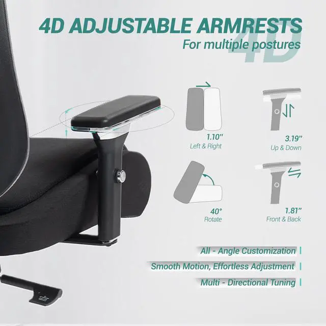 Alt view image 4 of 7 - FANTASYLAB Ergonomic Mesh Office Chair, Comfy Desk Chair, Big and Tall Executive Office Chair with 4D Arms, 2D Lumbar Support, Adjustable Headrest, Black/Grey
