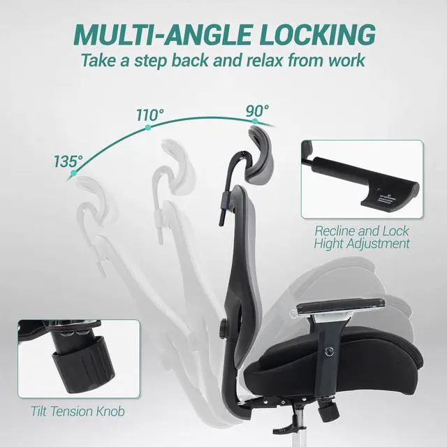 Alt view image 6 of 7 - FANTASYLAB Ergonomic Mesh Office Chair, Comfy Desk Chair, Big and Tall Executive Office Chair with 4D Arms, 2D Lumbar Support, Adjustable Headrest, Black/Grey