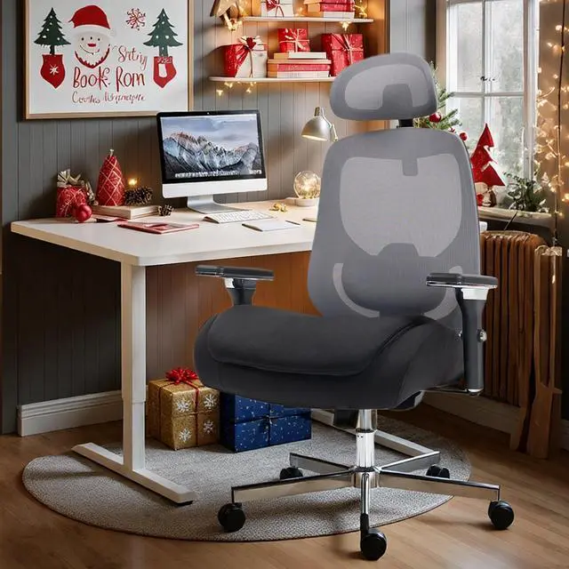 Alt view image 2 of 7 - FANTASYLAB Ergonomic Mesh Office Chair, Comfy Desk Chair, Big and Tall Executive Office Chair with 4D Arms, 2D Lumbar Support, Adjustable Headrest, Black/Grey