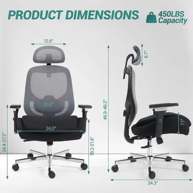 Alt view image 3 of 7 - FANTASYLAB Ergonomic Mesh Office Chair, Comfy Desk Chair, Big and Tall Executive Office Chair with 4D Arms, 2D Lumbar Support, Adjustable Headrest, Black/Grey