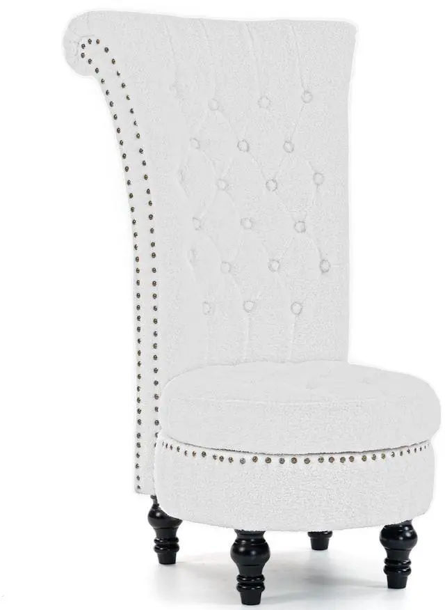 Main image of VANBOW High Back Throne Royal Chair, Teddy Armless Accent with Storage, Nailhead Trim, Solid Rubberwood Legs for Living Room Bedroom, White