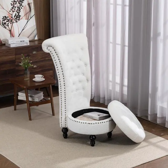 Alt view image 2 of 7 - VANBOW High Back Throne Royal Chair, Teddy Armless Accent with Storage, Nailhead Trim, Solid Rubberwood Legs for Living Room Bedroom, White