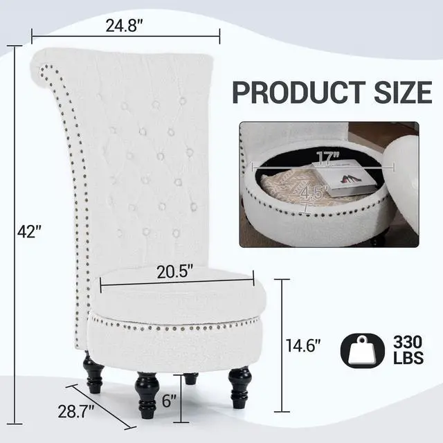 Alt view image 3 of 7 - VANBOW High Back Throne Royal Chair, Teddy Armless Accent with Storage, Nailhead Trim, Solid Rubberwood Legs for Living Room Bedroom, White