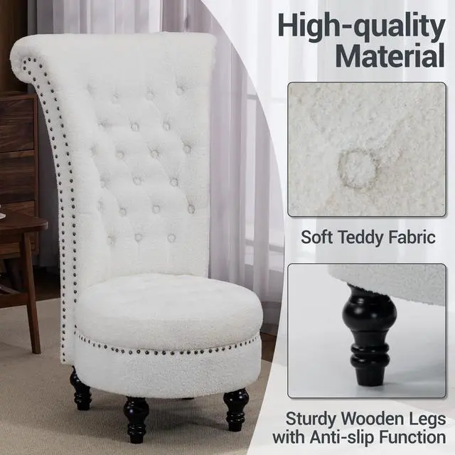 Alt view image 6 of 7 - VANBOW High Back Throne Royal Chair, Teddy Armless Accent with Storage, Nailhead Trim, Solid Rubberwood Legs for Living Room Bedroom, White