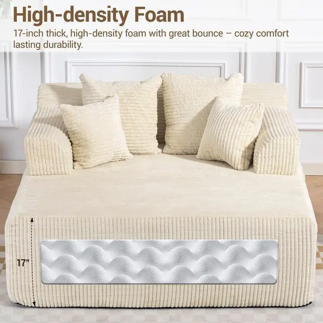 Alt view image 4 of 7 - VANBOW 58" Chaise Lounge Chair Indoor, Oversized Corduroy Boneless Sleeper Sofa Bed with Armrests & 4 Pillows, No Assembly for Living Room, Beige