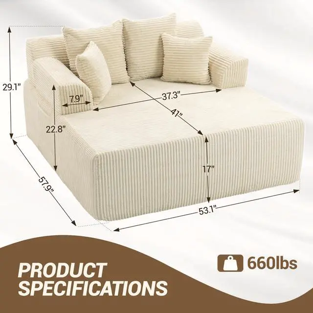 Alt view image 2 of 7 - VANBOW 58" Chaise Lounge Chair Indoor, Oversized Corduroy Boneless Sleeper Sofa Bed with Armrests & 4 Pillows, No Assembly for Living Room, Beige