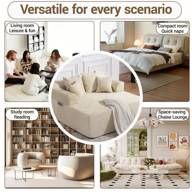 Alt view image 6 of 7 - VANBOW 58" Chaise Lounge Chair Indoor, Oversized Corduroy Boneless Sleeper Sofa Bed with Armrests & 4 Pillows, No Assembly for Living Room, Beige