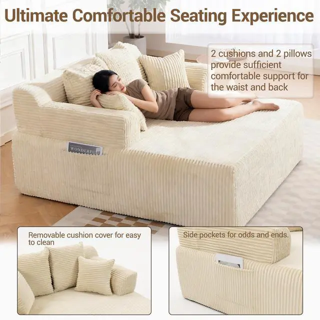 Alt view image 3 of 7 - VANBOW 58" Chaise Lounge Chair Indoor, Oversized Corduroy Boneless Sleeper Sofa Bed with Armrests & 4 Pillows, No Assembly for Living Room, Beige
