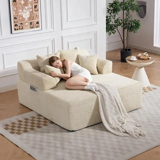 Alt view image 7 of 7 - VANBOW 58" Chaise Lounge Chair Indoor, Oversized Corduroy Boneless Sleeper Sofa Bed with Armrests & 4 Pillows, No Assembly for Living Room, Beige