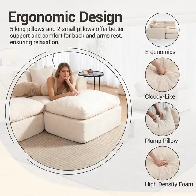 Alt view image 5 of 7 - VANBOW 113'' Modular Sectional Sofa Couches Boneless Convertible L-Shape Cloud Velvet Couch with Ottoman, No Assembly-Beige