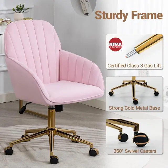 Alt view image 6 of 7 - VANBOW Velvet Home Office Chair with Gold Base and Wheels, Modern Makeup Vanity Chair, Height Adjustable Swivel Desk Chair for Living Room Bedroom Study Room, Pink