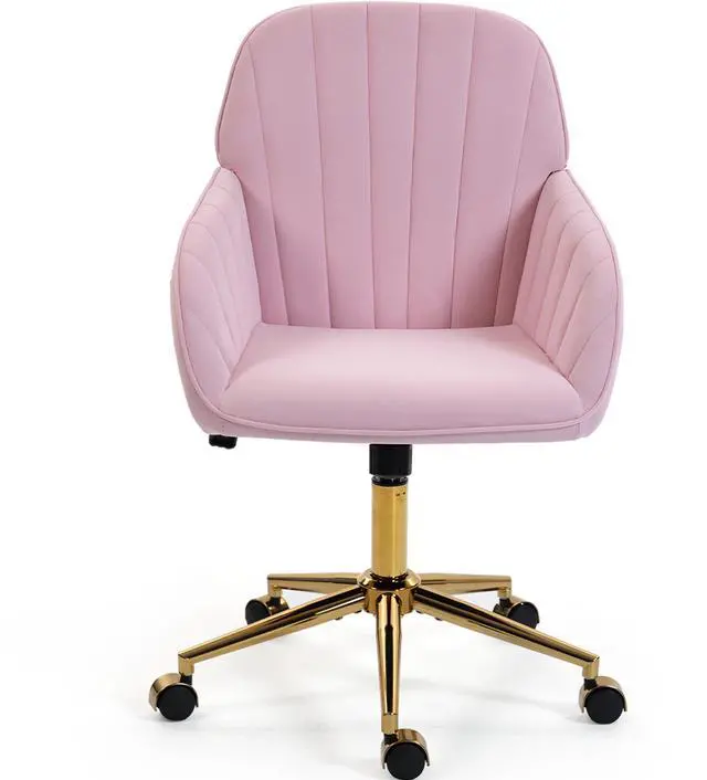 Main image of VANBOW Velvet Home Office Chair with Gold Base and Wheels, Modern Makeup Vanity Chair, Height Adjustable Swivel Desk Chair for Living Room Bedroom Study Room, Pink