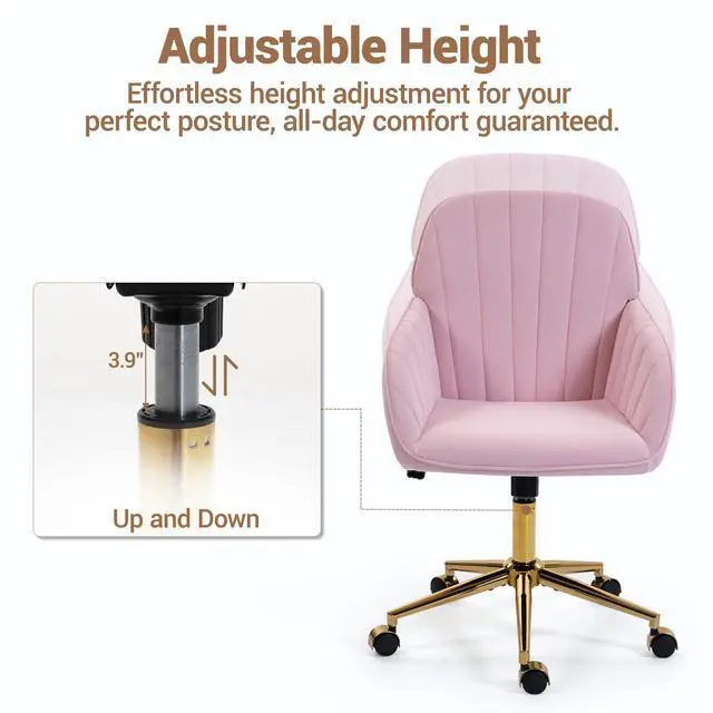 Alt view image 7 of 7 - VANBOW Velvet Home Office Chair with Gold Base and Wheels, Modern Makeup Vanity Chair, Height Adjustable Swivel Desk Chair for Living Room Bedroom Study Room, Pink