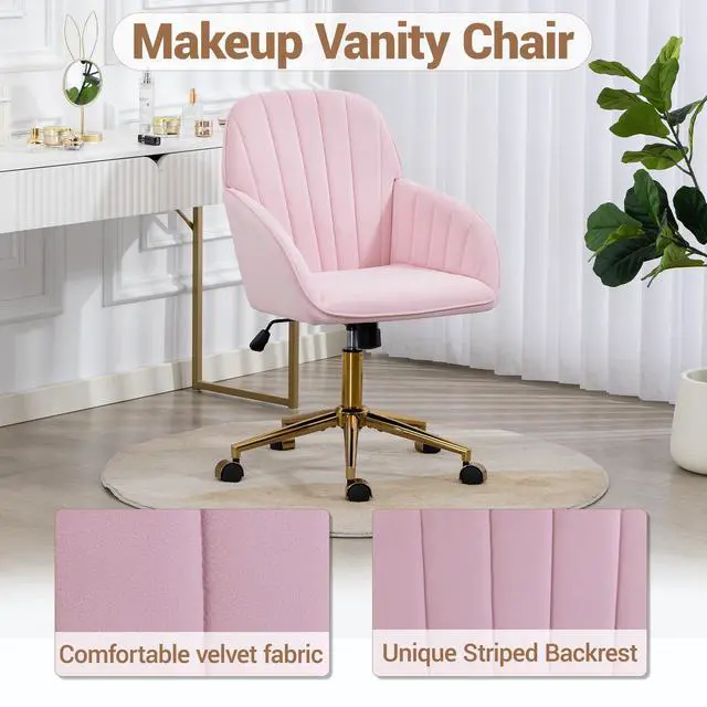 Alt view image 3 of 7 - VANBOW Velvet Home Office Chair with Gold Base and Wheels, Modern Makeup Vanity Chair, Height Adjustable Swivel Desk Chair for Living Room Bedroom Study Room, Pink