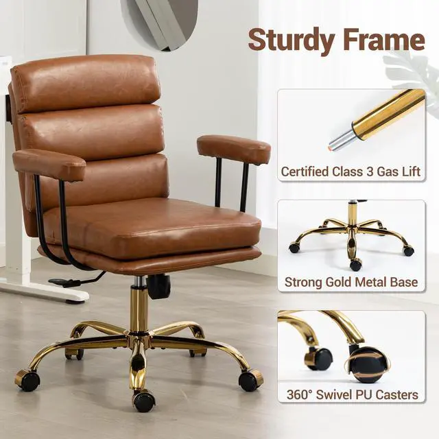 Alt view image 7 of 7 - VANBOW Faux Leather Home Office Desk Chair, Gold Base Vanity Chair with Wheels, Padded Seat and Armrests, Adjustable Height Swivel Executive Computer Chair, Brown