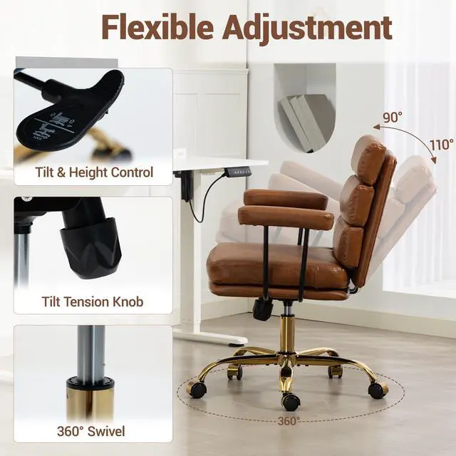 Alt view image 4 of 7 - VANBOW Faux Leather Home Office Desk Chair, Gold Base Vanity Chair with Wheels, Padded Seat and Armrests, Adjustable Height Swivel Executive Computer Chair, Brown