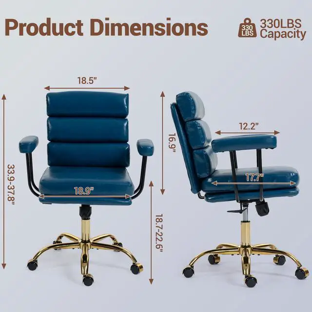 Alt view image 2 of 7 - VANBOW Faux Leather Home Office Desk Chair, Gold Base Vanity Chair with Wheels, Padded Seat and Armrests, Adjustable Height Swivel Executive Computer Chair, Blue