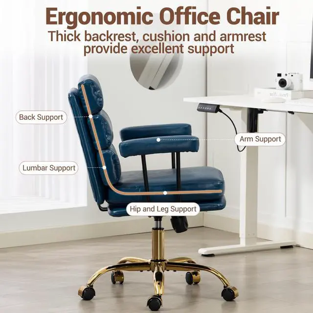 Alt view image 3 of 7 - VANBOW Faux Leather Home Office Desk Chair, Gold Base Vanity Chair with Wheels, Padded Seat and Armrests, Adjustable Height Swivel Executive Computer Chair, Blue