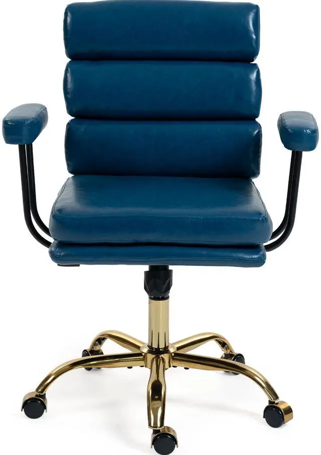 Main image of VANBOW Faux Leather Home Office Desk Chair, Gold Base Vanity Chair with Wheels, Padded Seat and Armrests, Adjustable Height Swivel Executive Computer Chair, Blue