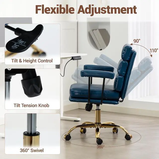 Alt view image 4 of 7 - VANBOW Faux Leather Home Office Desk Chair, Gold Base Vanity Chair with Wheels, Padded Seat and Armrests, Adjustable Height Swivel Executive Computer Chair, Blue