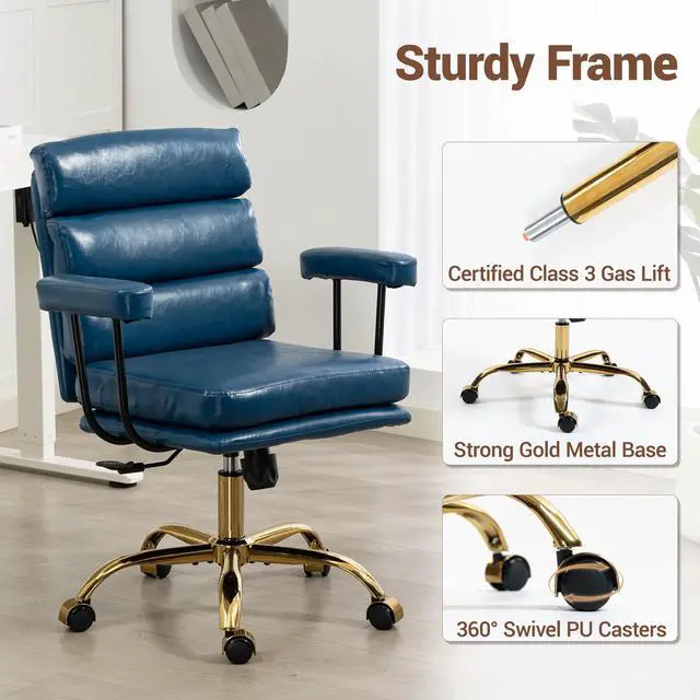 Alt view image 7 of 7 - VANBOW Faux Leather Home Office Desk Chair, Gold Base Vanity Chair with Wheels, Padded Seat and Armrests, Adjustable Height Swivel Executive Computer Chair, Blue