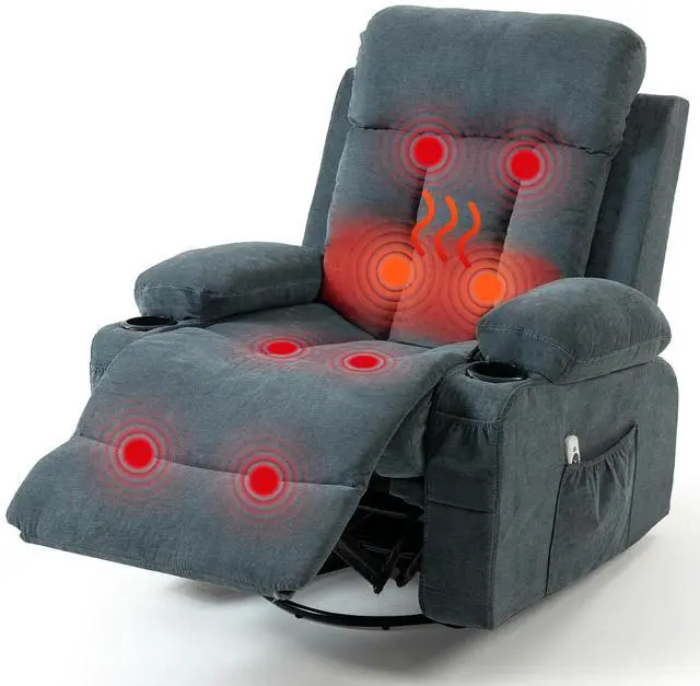 Main image of VANBOW Rocker Recliner Chair with Vibration Massage and Heat, 360° Swivel Rocking Chair for Adults, Ergonomic Lounge Chair with Rocking Function and Side Pocket, Cup Holders, Blue