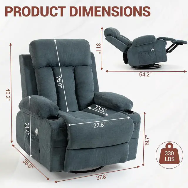 Alt view image 2 of 7 - VANBOW Rocker Recliner Chair with Vibration Massage and Heat, 360° Swivel Rocking Chair for Adults, Ergonomic Lounge Chair with Rocking Function and Side Pocket, Cup Holders, Blue