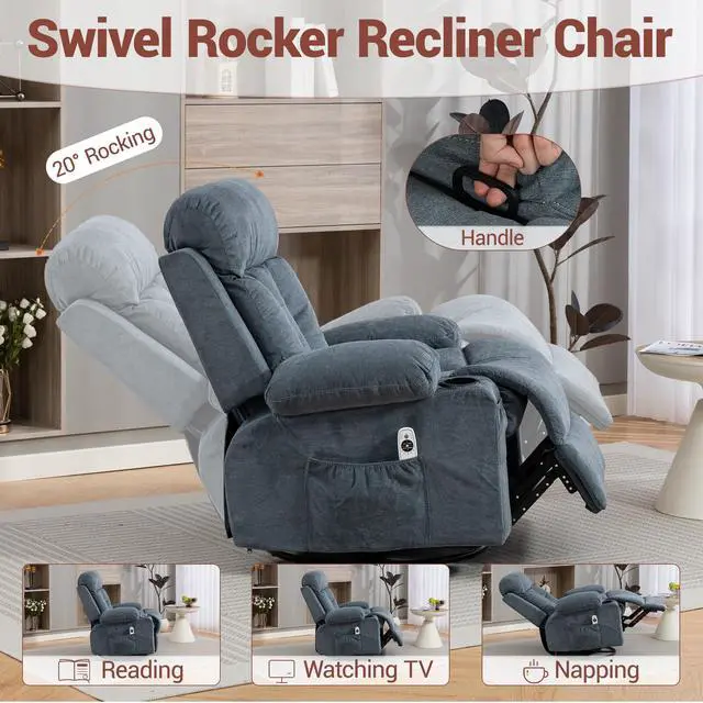 Alt view image 5 of 7 - VANBOW Rocker Recliner Chair with Vibration Massage and Heat, 360° Swivel Rocking Chair for Adults, Ergonomic Lounge Chair with Rocking Function and Side Pocket, Cup Holders, Blue