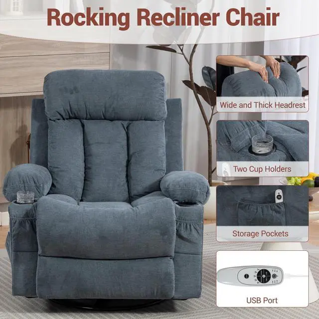 Alt view image 6 of 7 - VANBOW Rocker Recliner Chair with Vibration Massage and Heat, 360° Swivel Rocking Chair for Adults, Ergonomic Lounge Chair with Rocking Function and Side Pocket, Cup Holders, Blue