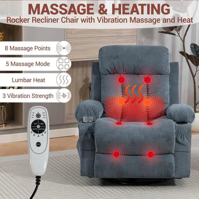 Alt view image 3 of 7 - VANBOW Rocker Recliner Chair with Vibration Massage and Heat, 360° Swivel Rocking Chair for Adults, Ergonomic Lounge Chair with Rocking Function and Side Pocket, Cup Holders, Blue