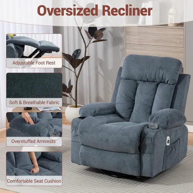 Alt view image 7 of 7 - VANBOW Rocker Recliner Chair with Vibration Massage and Heat, 360° Swivel Rocking Chair for Adults, Ergonomic Lounge Chair with Rocking Function and Side Pocket, Cup Holders, Blue