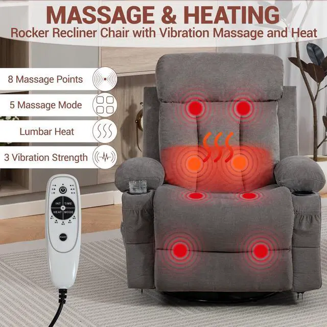 Alt view image 3 of 7 - VANBOW Rocker Recliner Chair with Vibration Massage and Heat, 360° Swivel Rocking Chair for Adults, Ergonomic Lounge Chair with Rocking Function and Side Pocket, Cup Holders, Grey
