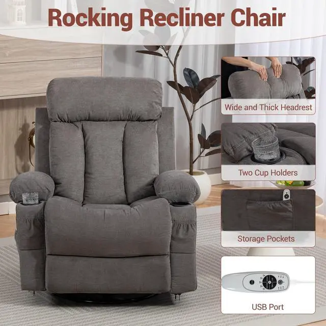 Alt view image 6 of 7 - VANBOW Rocker Recliner Chair with Vibration Massage and Heat, 360° Swivel Rocking Chair for Adults, Ergonomic Lounge Chair with Rocking Function and Side Pocket, Cup Holders, Grey