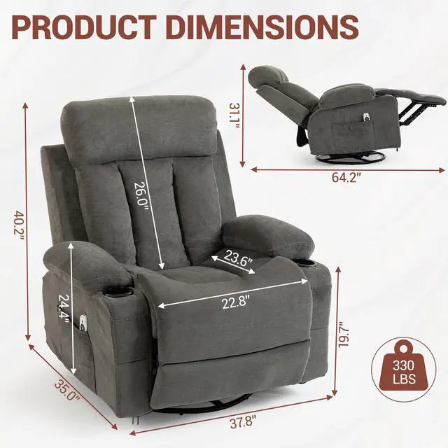 Alt view image 2 of 7 - VANBOW Rocker Recliner Chair with Vibration Massage and Heat, 360° Swivel Rocking Chair for Adults, Ergonomic Lounge Chair with Rocking Function and Side Pocket, Cup Holders, Grey
