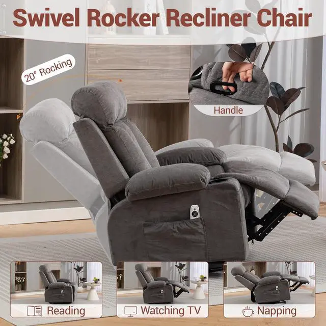 Alt view image 5 of 7 - VANBOW Rocker Recliner Chair with Vibration Massage and Heat, 360° Swivel Rocking Chair for Adults, Ergonomic Lounge Chair with Rocking Function and Side Pocket, Cup Holders, Grey