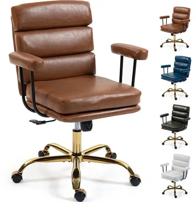 Alt view image 2 of 7 - VANBOW Faux Leather Home Office Desk Chair, Gold Base Vanity Chair with Wheels, Padded Seat and Armrests, Adjustable Height Swivel Executive Computer Chair, Brown