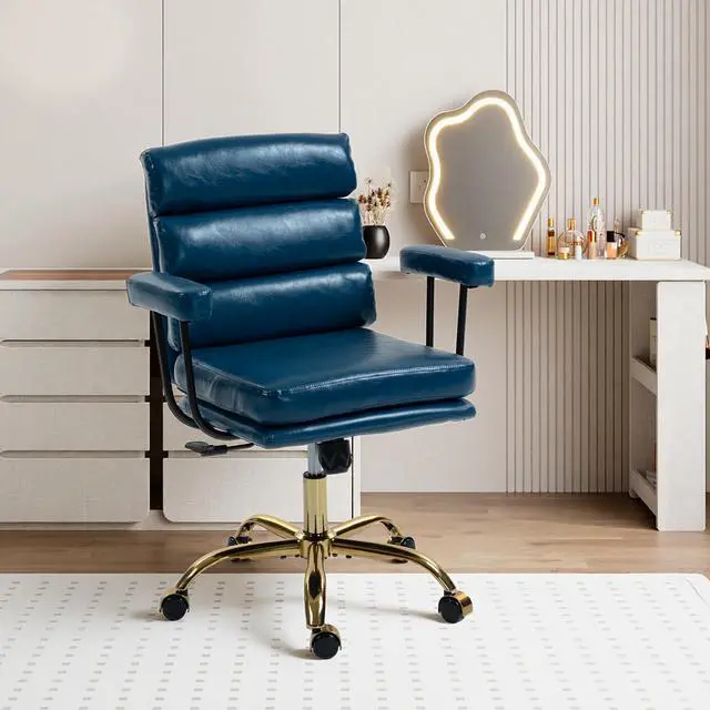 Main image of VANBOW Faux Leather Home Office Desk Chair, Gold Base Vanity Chair with Wheels, Padded Seat and Armrests, Adjustable Height Swivel Executive Computer Chair, Blue